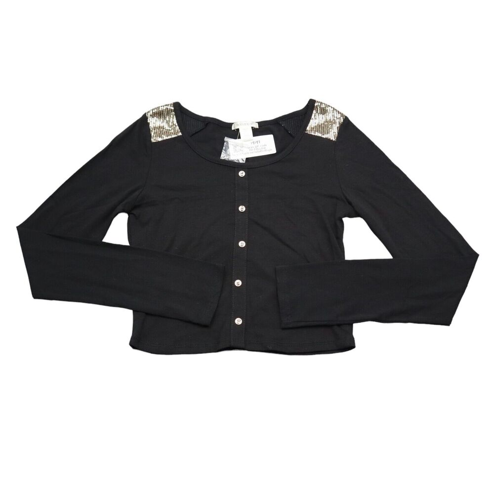 Bozzolo Shirt Womens M Black Long Sleeve Round Neck Button Sequin Casual Tee